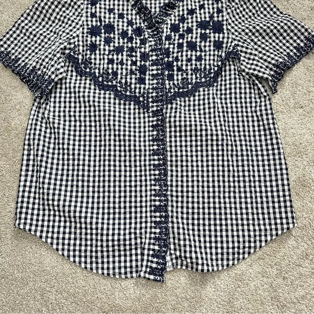 J.Crew Embroidered Indigo Crinkled Gingham Short Sleeve Navy White Top Cotton XS